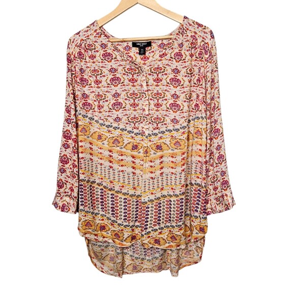 NINE WEST Womens Tunic Top XXL Multicolor Boho Popover Roll Tab Sleeves Hippie - Picture 1 of 7